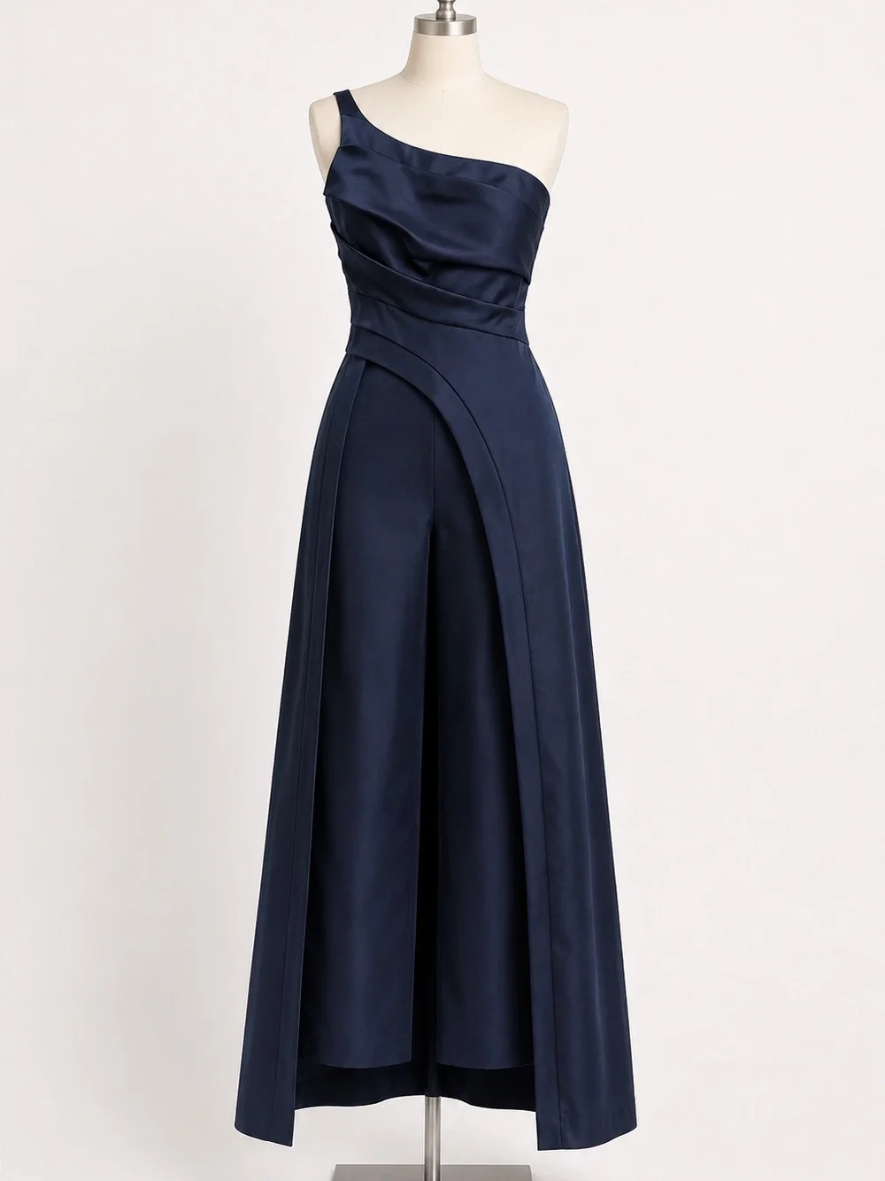 Kay Unger One Shoulder Walk Through Jumpsuit Navy Satin Size 6 NWT Formal